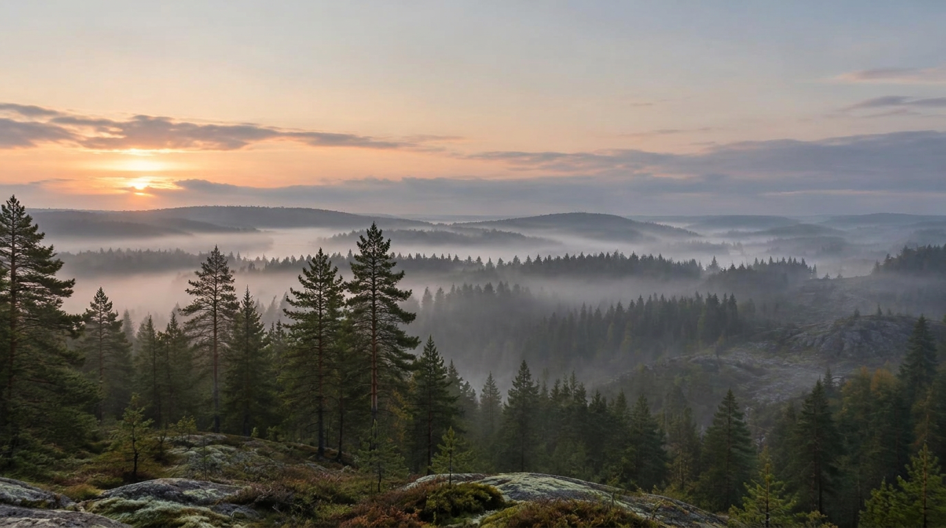 Dimmig svensk skog i gryning